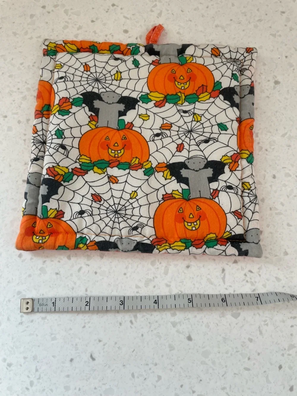 Vintage Halloween Fabric Potholder Pumpkins Bats Spiderwebs 1980s Leaves